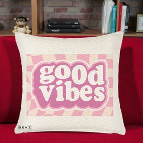 Perna Decorativa Good Vibes Retro Roz, 40x40 cm, Crem Reliefat, Husa Detasabila, Perna Inclusa, BEKZ®