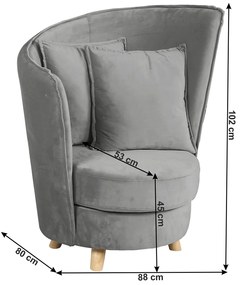 Fotoliu în stil Art Deco, catifea Velvet gri deschis/stejar, ROUND