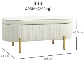 HOMCOM Bancă de Depozitare de Intrare Ovală 72L, Design Canelat cu Capac Rabatabil și Scaun Capitonat, Bancă de la Capătul Patului, Pouf, în Velur și cu Picioare din Lemn de Pin, 108x44x43.5 cm, Crem | Aosom Romania