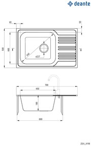 Chiuvetă din inox, 1-cuvă cu picurător, Xylo, ZEX_011B