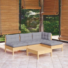 Set mobilier gradina cu perne gri, 5 piese, lemn de pin