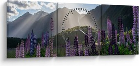 Tablou - scenariu cu flori de Lupin (cu ceas) (90x30 cm)