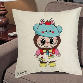 Perna Personalizata Labubu x Urs Albastru Colorat, 40x40 cm, Ecru, Husa Detasabila, Perna Inclusa, BEKZ®