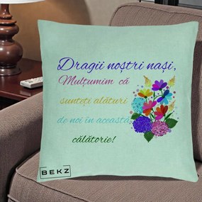 Perna Personalizata Dragii Nostri Nasi Multumim cu Flori Multicolore Colorat, 40x40 cm, Verde Menta, Husa Detasabila, Perna Inclusa, BEKZ®
