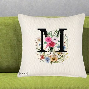 Cadou Personalizat - Perna Personalizata Monogram Litera M cu Flori Acuarela, 40x40 cm, Crem Reliefat, Husa Detasabila, Perna Inclusa, BEKZ®