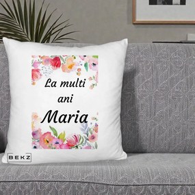 Cadou de Onomastica - Perna Personalizata La Multi Ani Maria Flori Acuarela, 40x40 cm, Alb Pufos, Husa Detasabila, Perna Inclusa, BEKZ®
