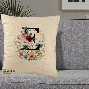 Cadou Personalizat - Perna Personalizata Monogram Litera E cu Flori Acuarela, 40x40 cm, Bej, Husa Detasabila, Perna Inclusa, BEKZ®