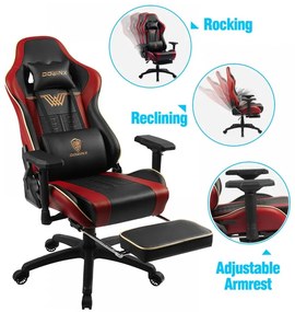 DOWINX Scaun gaming, ergonomic, pernă lombară cu masaj, suport pentru picioare, piele PU matlasata, respirabila, cotiere 4D, rezistent 150 kg, Negru/Rosu