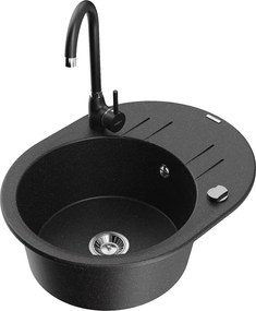 Mexen Kevin chiuvetă granitică cu 1 compartiment cu picurător și baterie de bucătărie Telma, negru/argintiu metalic