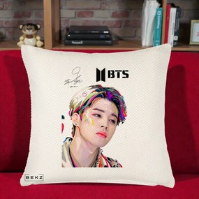 Perna Personalizata K-pop BTS Jimin Portret Artistic Multicolor cu Autograf, 40x40 cm, Crem Reliefat, Husa Detasabila, Perna Inclusa, BEKZ®