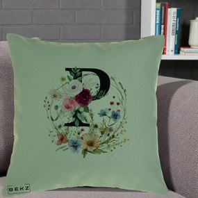 Cadou Personalizat - Perna Personalizata Monogram Litera P cu Flori Acuarela, 40x40 cm, Verde, Husa Detasabila, Perna Inclusa, BEKZ®