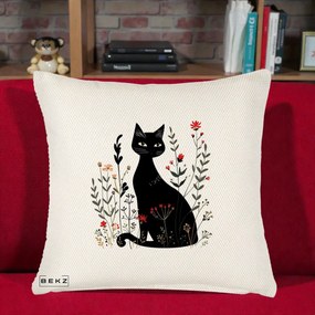 Perna Decorativa Pisica Neagra Botanica Rosu-Gri, 40x40 cm, Crem Reliefat, Husa Detasabila, Perna Inclusa, BEKZ®