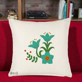 Perna Decorativa Flori Stilizate Folk Turcoaz, 40x40 cm, Crem Reliefat, Husa Detasabila, Perna Inclusa, BEKZ®