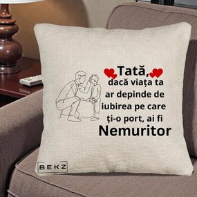 Cadou pentru Tata - Perna Personalizata Tata Nemuritor cu Inimi Rosii, 40x40 cm, Bej Canapea, Husa Detasabila, Perna Inclusa, BEKZ®