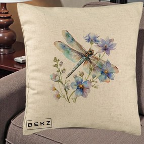 Perna Decorativa Libelula Acuarela Flori Albastre, 40x40 cm, Bej, Husa Detasabila, Perna Inclusa, BEKZ®