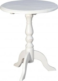Măsuță de cafea rotundă din lemn masiv, alb, cu picior central strunjit și trei picioare curbate, finisaj patinat, 73 x 61 cm, „Pedestal”