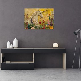 Tablou pe sticlă - Unicorn cu flori (70x50 cm)