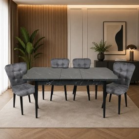 Set masa extensibila cu 4 scaune tapitate Homs marmorat negru 110 x 70 cm