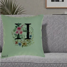 Cadou Personalizat - Perna Personalizata Monogram Litera H cu Flori Acuarela, 40x40 cm, Verde, Husa Detasabila, Perna Inclusa, BEKZ®