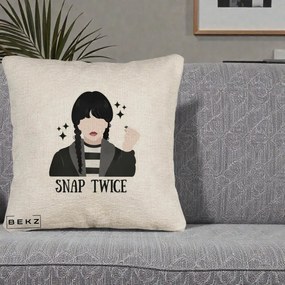 Perna Personalizata Wednesday Snap Twice, 40x40 cm, Bej Canapea, Husa Detasabila, Perna Inclusa, BEKZ®