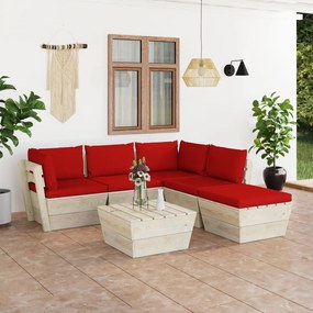 Set mobilier gradina din paleti cu perne, 6 piese, lemn molid Rosu, 2x colt + 2x mijloc + suport pentru picioare + masa, 1