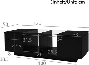 Masă de cafea cu iluminare LED, blat de masă lucios, spațiu de depozitare generos, 120x50x38,5 cm, Negru