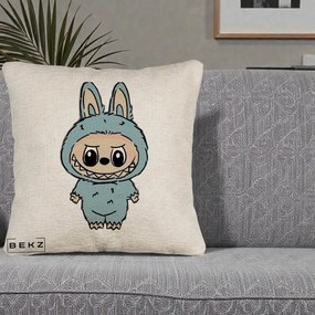 Perna Personalizata Labubu Albastru-Gri Solo, 40x40 cm, Bej Canapea, Husa Detasabila, Perna Inclusa, BEKZ®