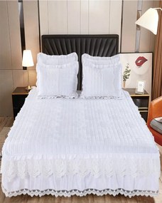 Cuvertura de pat si 2 fete de perna, catifea, pat 2 persoane, alb, CCC-80