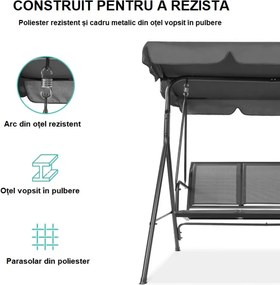 Balansoar de grădină, 3 locuri, cu baldachin și cadru din oțel, Gri