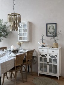 Scaun dining împletit vintage din lemn de hevea și ratan, bej, cu spătar curbat și arcuri din lemn sub șezut, finisaj patinat, 88 x 40 x 45 cm