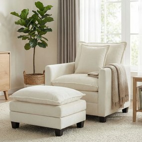 HOMCOM Fotoliu de salon cu taburet, fotoliu 1 loc din chenille, șezut lat, umplutură dublă, 85x128x86cm, crem | Aosom Romania
