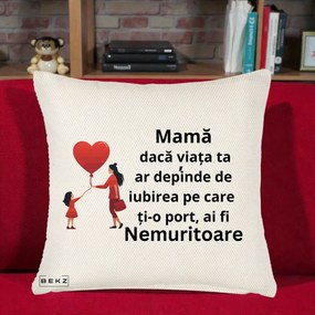 Cadou pentru Mama - Perna Personalizata Mama Nemuritoare cu Bebelus Kawaii, 40x40 cm, Crem Reliefat, Husa Detasabila, Perna Inclusa, BEKZ®