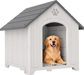 PawHut Casă pentru câini exterior Casă pentru câini mari din plastic cu 2 ferestre Bază ridicată Țăruși Gri | Aosom Romania