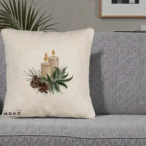 Perna Decorativa Lumanari cu Ilex si Conuri Ilustratie, 40x40 cm, Bej Canapea, Husa Detasabila, Perna Inclusa, BEKZ®