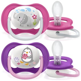 AVENT Suzeta Ultra Aer Animale, 6-18m - Elefant / pinguin, roz / liliac