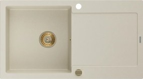 Mexen Leo chiuvetă de bucătărie din granit cu 1 compartiment și scurgător 900 x 500 mm, bej, sifon auriu - 6501901010-69-G