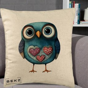 Perna Decorativa Bufnita Teal cu Doua Inimi, 40x40 cm, Bej, Husa Detasabila, Perna Inclusa, BEKZ®