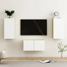 Set dulapuri TV, alb si stejar Sonoma,3 piese, PAL 1, alb si stejar sonoma, 60 x 30 x 30 cm