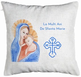 Perna Decorativa, Model La multi ani de Sfanta Maria, 40x40 cm, Alb Murdar, Husa Detasabila, Burduf