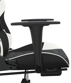 Scaun de gaming cu suport picioare, negru alb, piele ecologica 1, Alb si negru, Cu suport de picioare