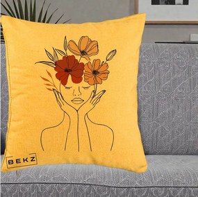 Perna Decorativa Portret Feminin Coroana Trei Flori, 40x40 cm, Galben, Husa Detasabila, Perna Inclusa, BEKZ®