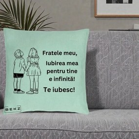 Cadou pentru Frate - Perna Personalizata Fratele Meu Te Iubesc Copii Tinand Maini Line Art, 40x40 cm, Verde Menta, Husa Detasabila, Perna Inclusa, BEKZ®