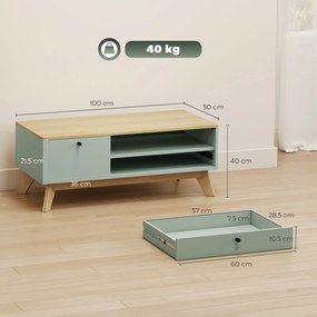 HOMCOM Masă de cafea pentru living, măsuță dreptunghiulară cu sertar, ușă și compartiment deschis, verde deschis și stejar | Aosom Romania