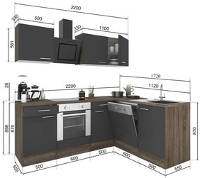 Mobilă de bucătărie de colț Yorki 220, corp din stejar Yorki, față antracit satinat cu element inferior al cuptorului