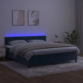 Pat cu arcuri, saltea si LED, bleumarin, 180x200 cm, catifea Albastru inchis, 180 x 200 cm, Design simplu
