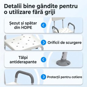 HOMCOM Scaun de Baie din Aluminiu Reglabil, cu Spătar și Brațe, Pernă Moale, Antialunecare, Alb | Aosom Romania