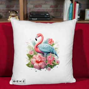 Perna Decorativa Flamingo cu Hibiscus Tropical, 40x40 cm, Alb Pufos, Husa Detasabila, Perna Inclusa, BEKZ®