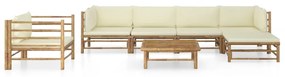 Set mobilier de gradina cu perne alb crem, 7 piese, bambus Crem, 2x colt + 2x mijloc + fotoliu + suport pentru picioare + masa, 1