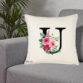 Cadou Personalizat - Perna Personalizata Monograma Florala Litera U, 40x40 cm, Crem Reliefat, Husa Detasabila, Perna Inclusa, BEKZ®