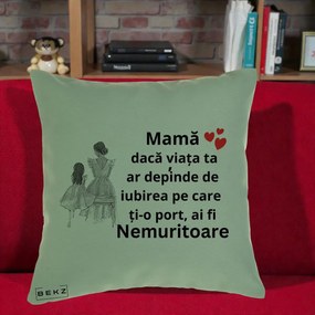 Cadou pentru Mama - Perna Personalizata Mama Nemuritoare Line Art, 40x40 cm, Verde, Husa Detasabila, Perna Inclusa, BEKZ®